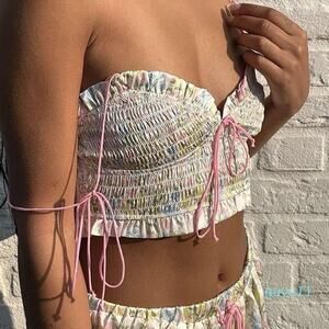 For Love & Lemons Glitter Garden Shirred Crop Top S Small Floral Ruched